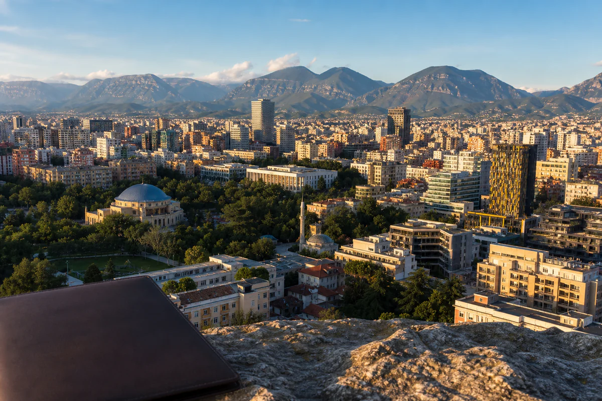 Elevated view of Tirana and the surrounding Albanian mountains