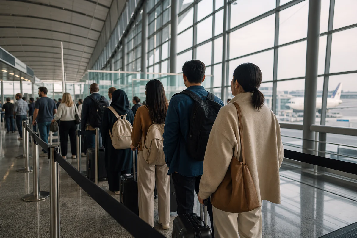 International travellers in a modern airport, illustrating Best Apps for Tracking Residency Days (2026): Full Comparison.