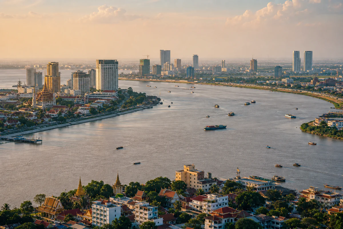 Elevated view of Phnom Penh and the Mekong River