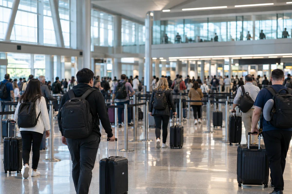 Travelers walking through a United States airport arrivals hall