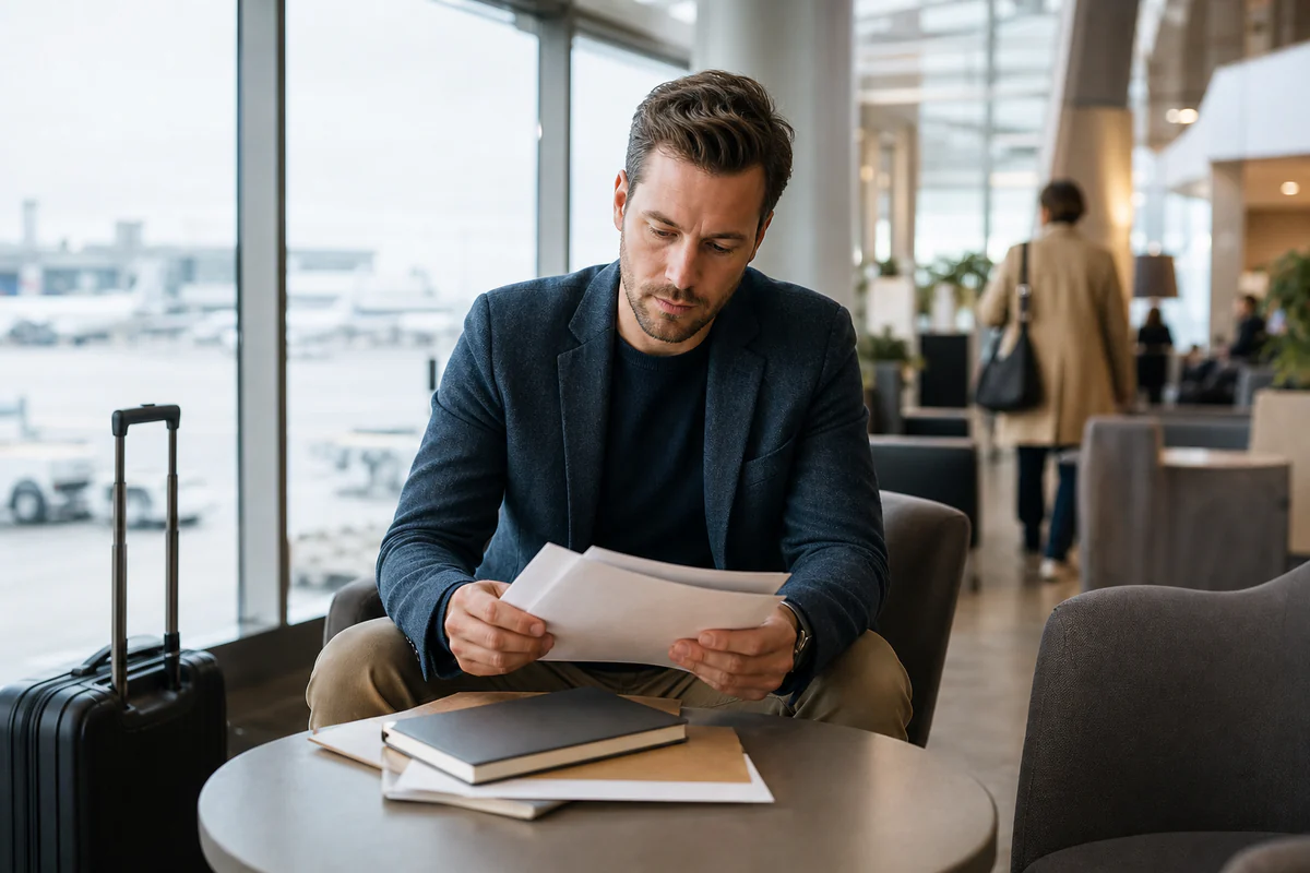 Traveler reviewing banking documents and country-day records at an airport table