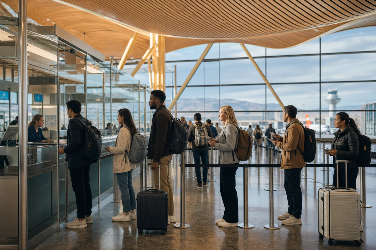 International travellers in a modern airport, illustrating Digital Nomad Taxes: Where Do You Actually Pay? (2026 Guide).