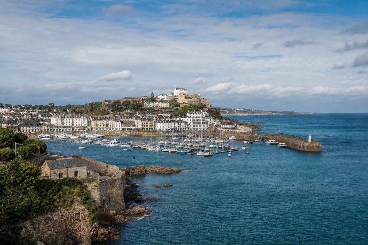 Elevated view of St Helier harbor in Jersey
