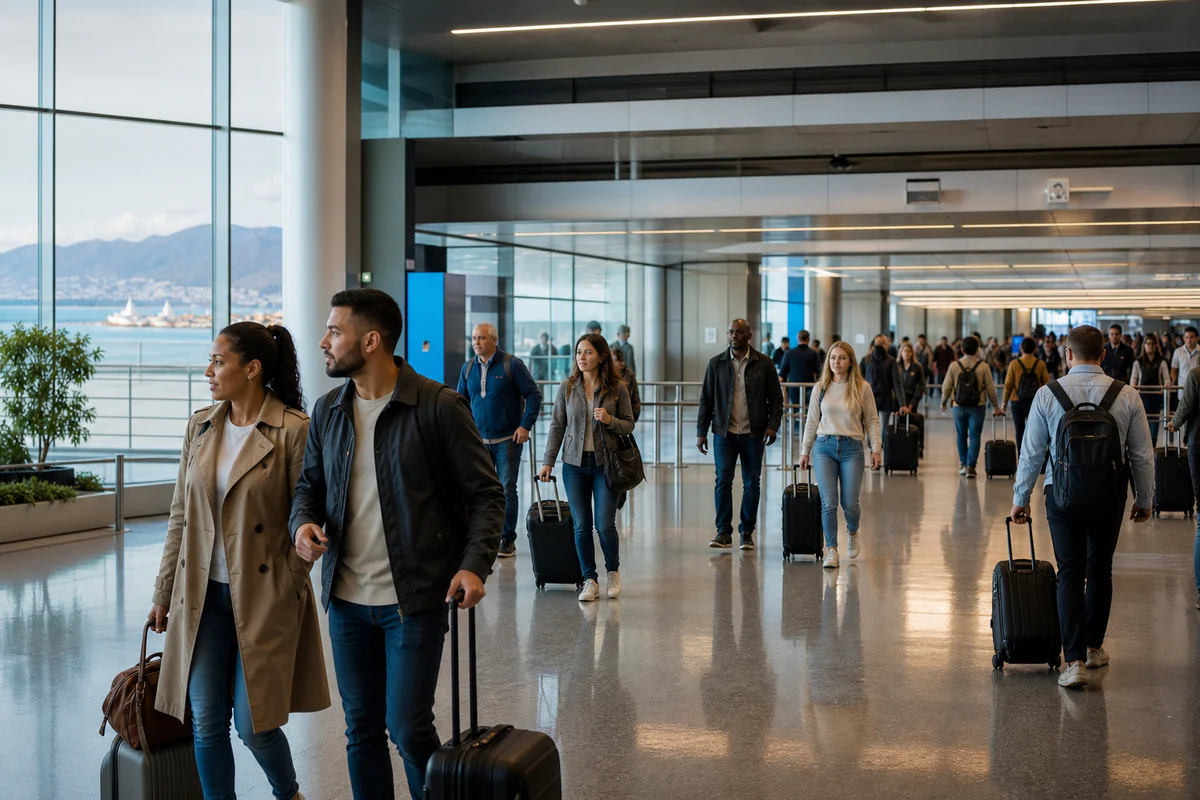 International travellers in a modern airport, illustrating Do Cruise Days Count Toward Schengen 90/180?.