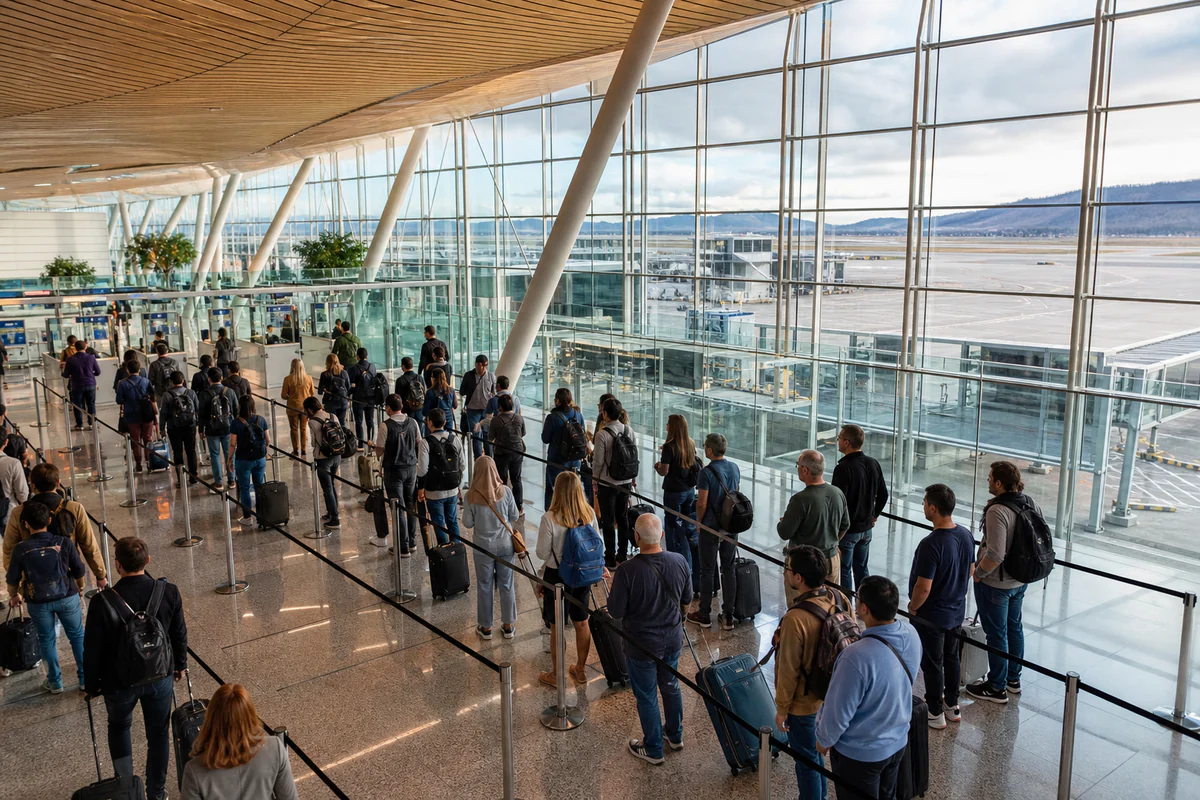 International travellers in a modern airport, illustrating Do Transit Days Count Toward the Schengen 90/180 Rule?.