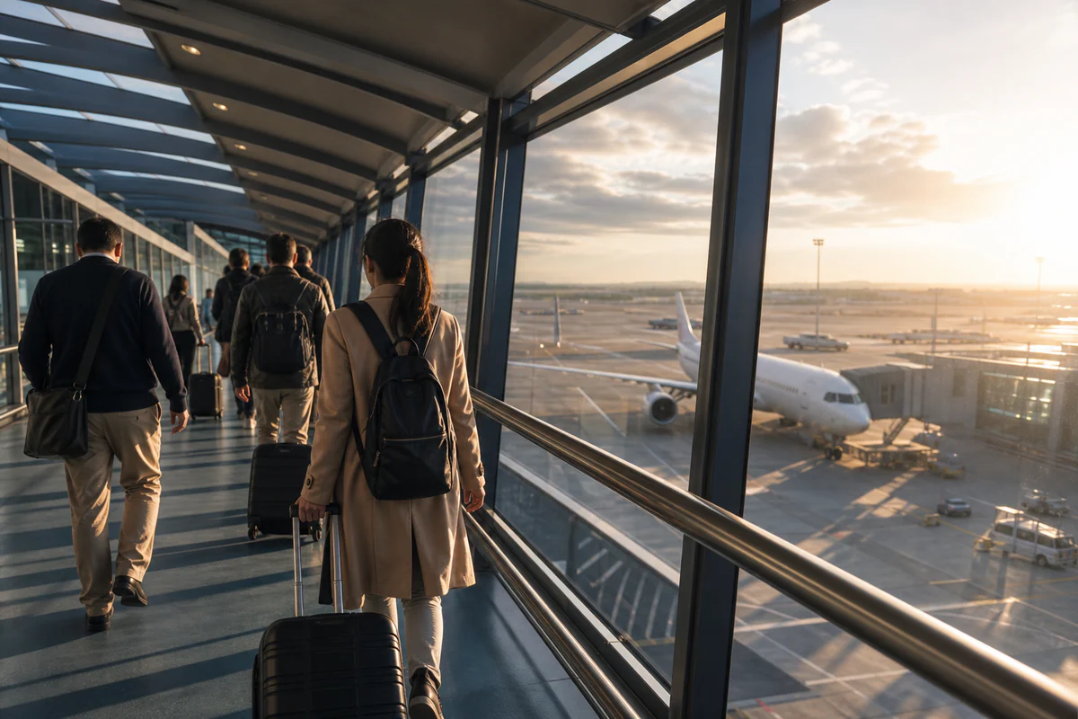 International travellers in a modern airport, illustrating Does your arrival day count toward your Schengen 90 days?.