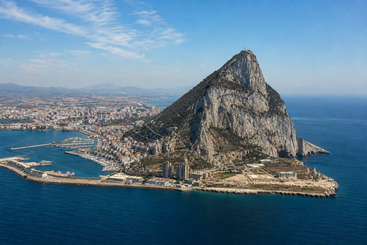 Elevated view of the Rock of Gibraltar and surrounding coastline