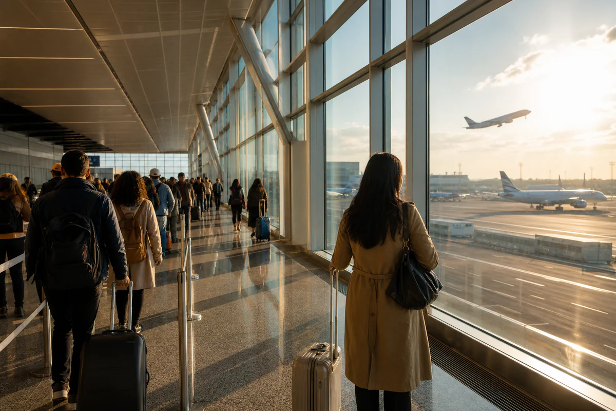 International travellers in a modern airport, illustrating Does a Residence Permit Count Toward Schengen 90/180 Days?.
