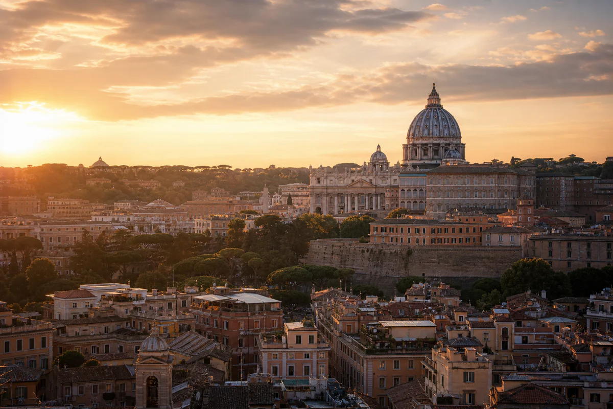 Elevated Rome and Vatican roofline with St. Peter's Basilica dome visible