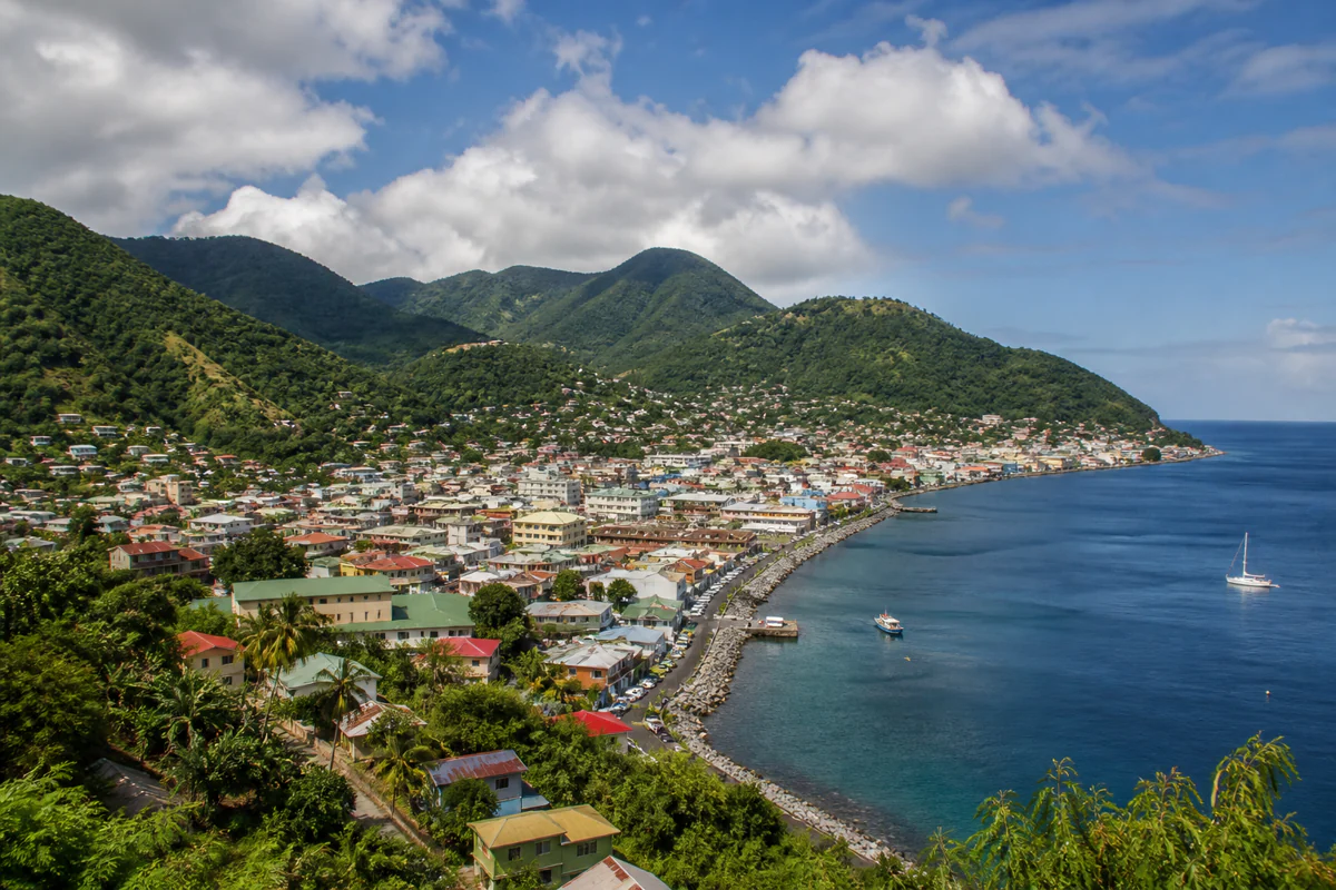 Elevated view of Roseau and the coastline in Dominica