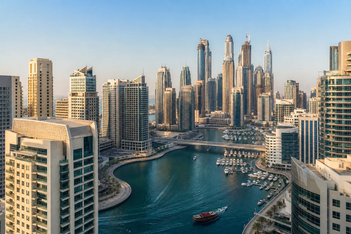 Elevated view of Dubai Marina and the Dubai skyline
