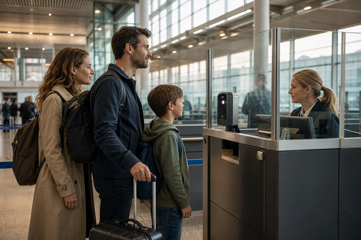 A family with a child approaching a European airport biometric border checkpoint.