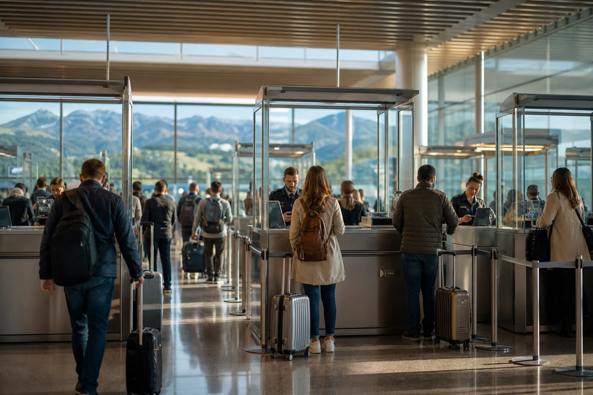 A traveller checking a border-crossing record beside a passport at a European airport.