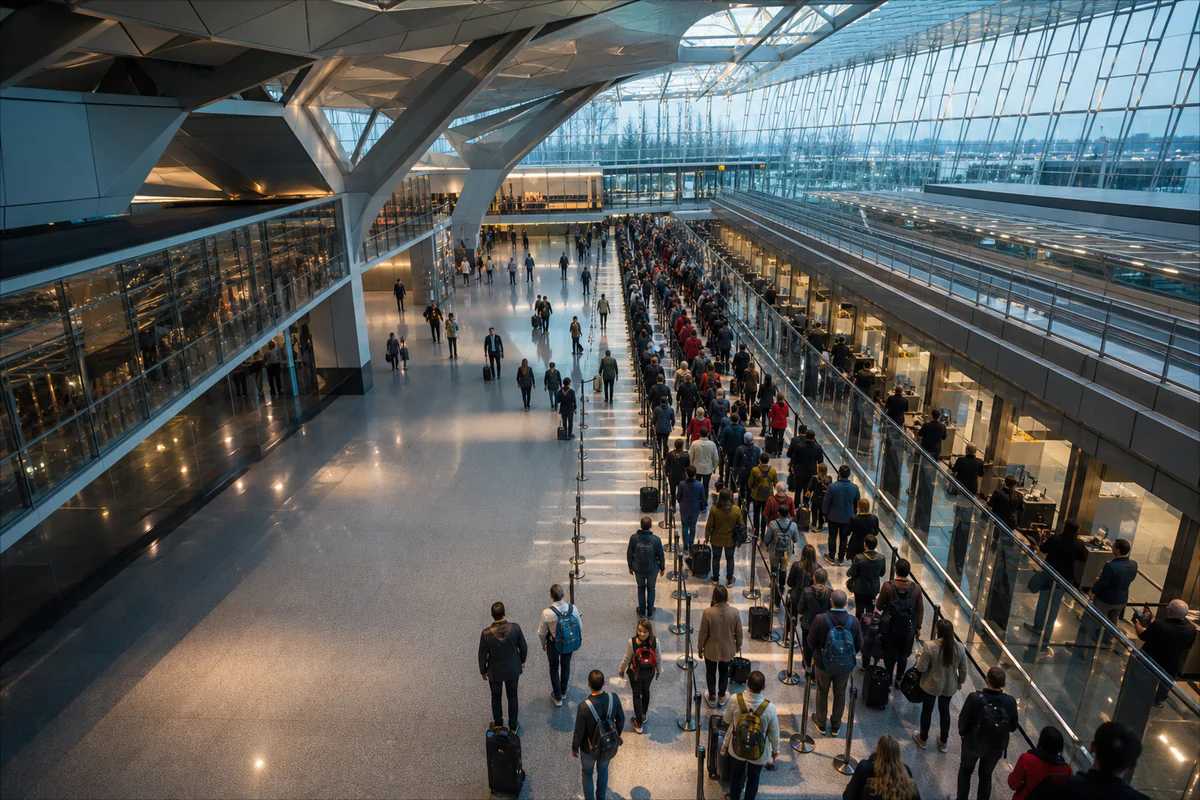A traveller moving through a European airport border checkpoint with digital travel records in the background.