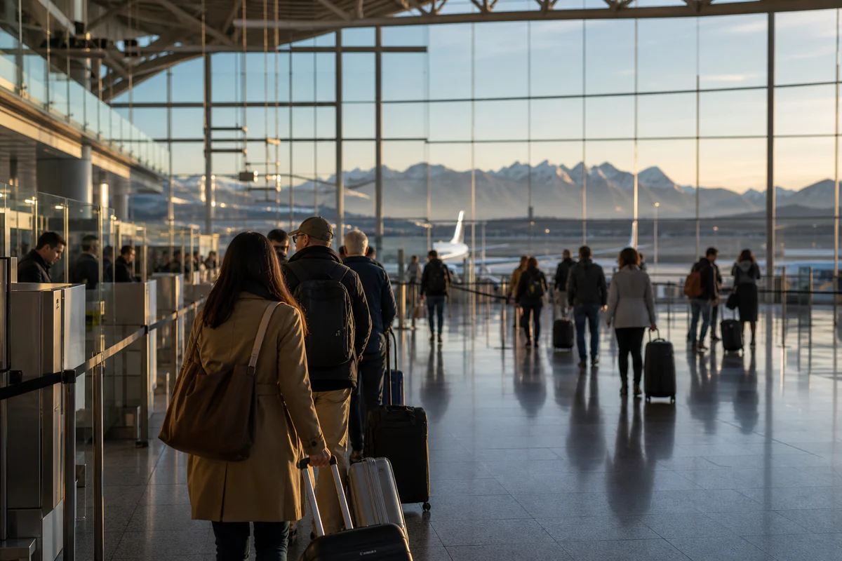 International travellers in a modern airport, illustrating Does EES Affect Digital Nomads? What the New Schengen Border System Means for You.