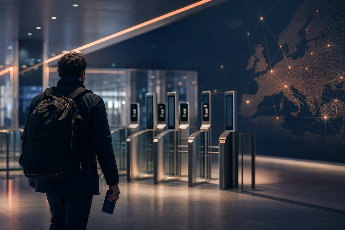 A traveller approaching biometric airport gates for an EES and ETIAS change log.