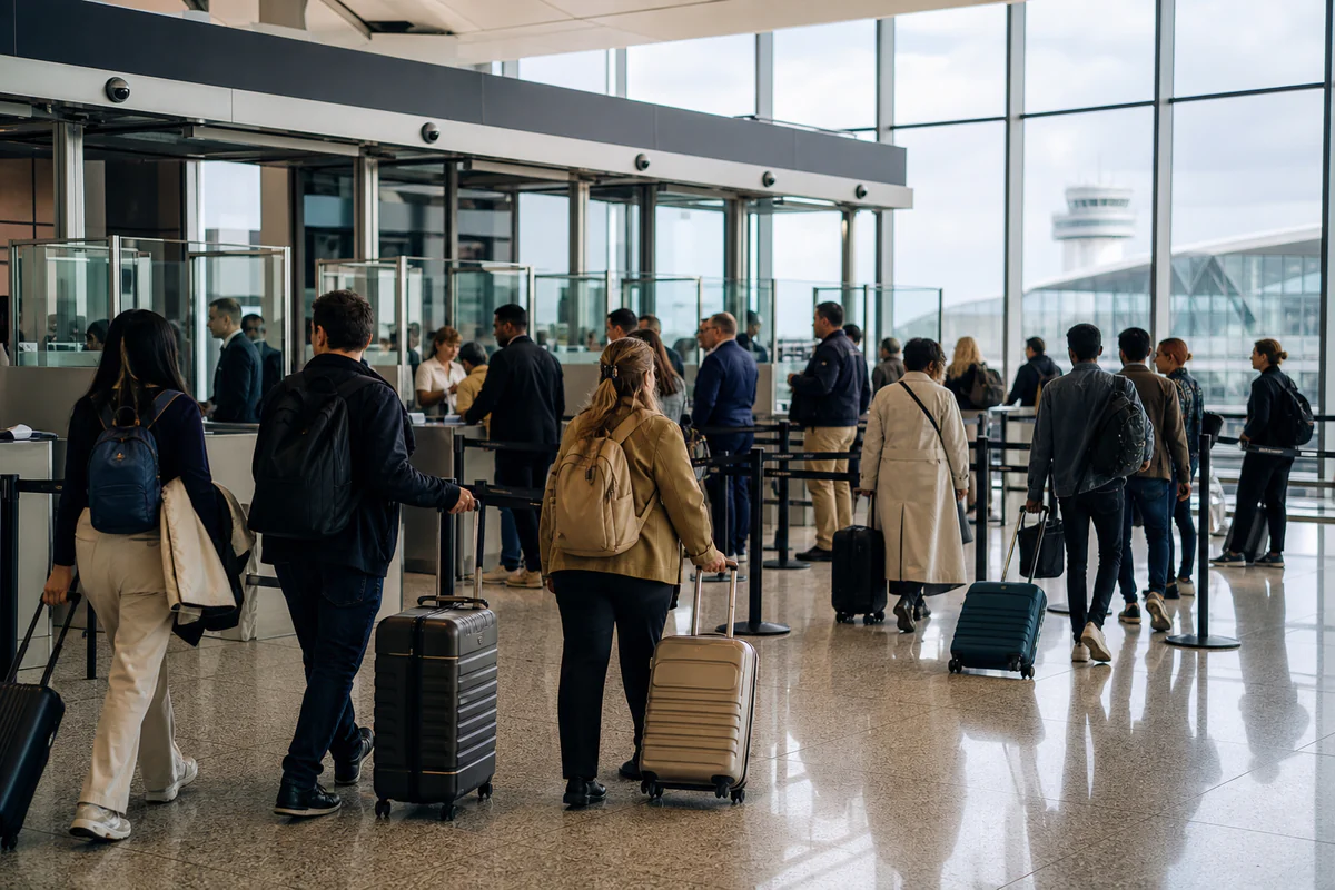 International travellers in a modern airport, illustrating EES is live: your Schengen days are counting now.