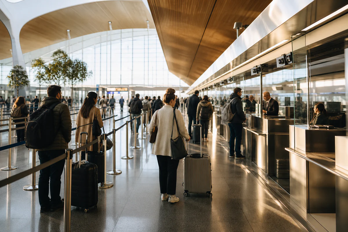 International travellers in a modern airport, illustrating EES vs ETIAS in 2026: What Frequent Schengen Travelers Need to Track.