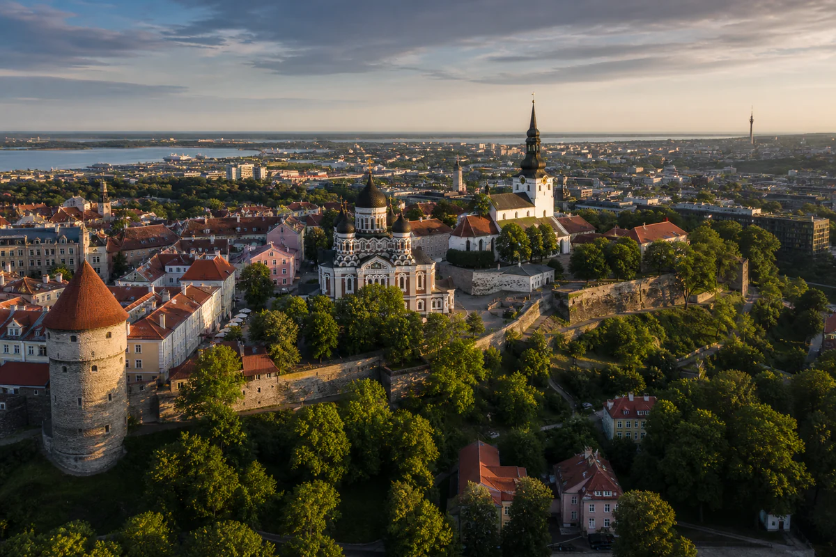 Aerial travel view of Estonia, illustrating Estonia Tax Residency: How the 183-Day 12-Month Count Works.