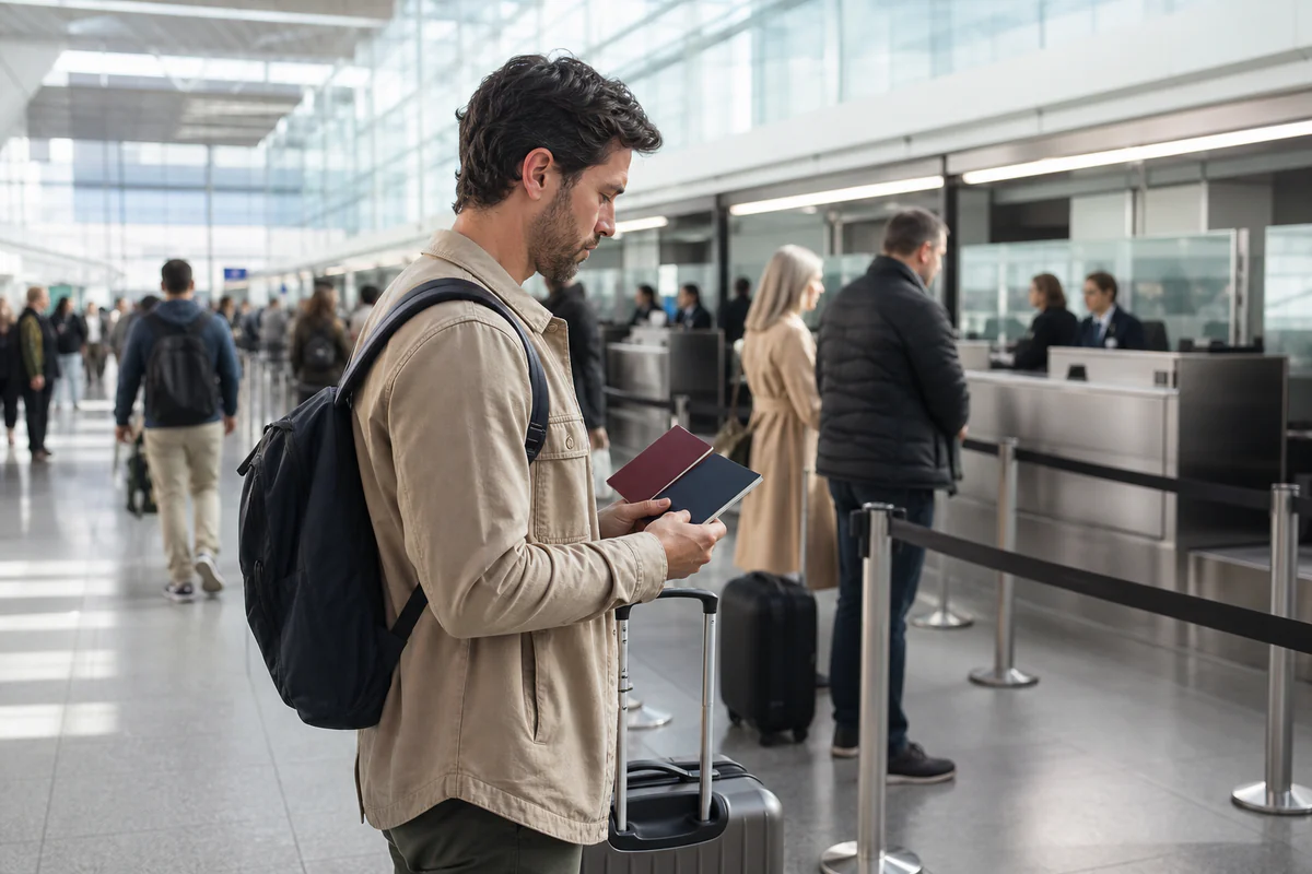 A traveller comparing two passports before a European airport journey.