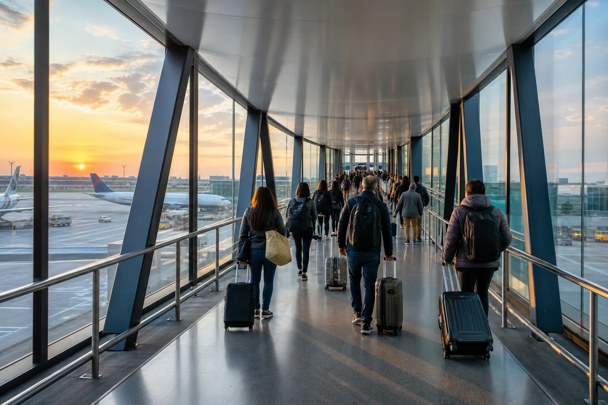 International travellers in a modern airport, illustrating ETIAS and EES: How Europe's Digital Border System Changes Travel in 2026.