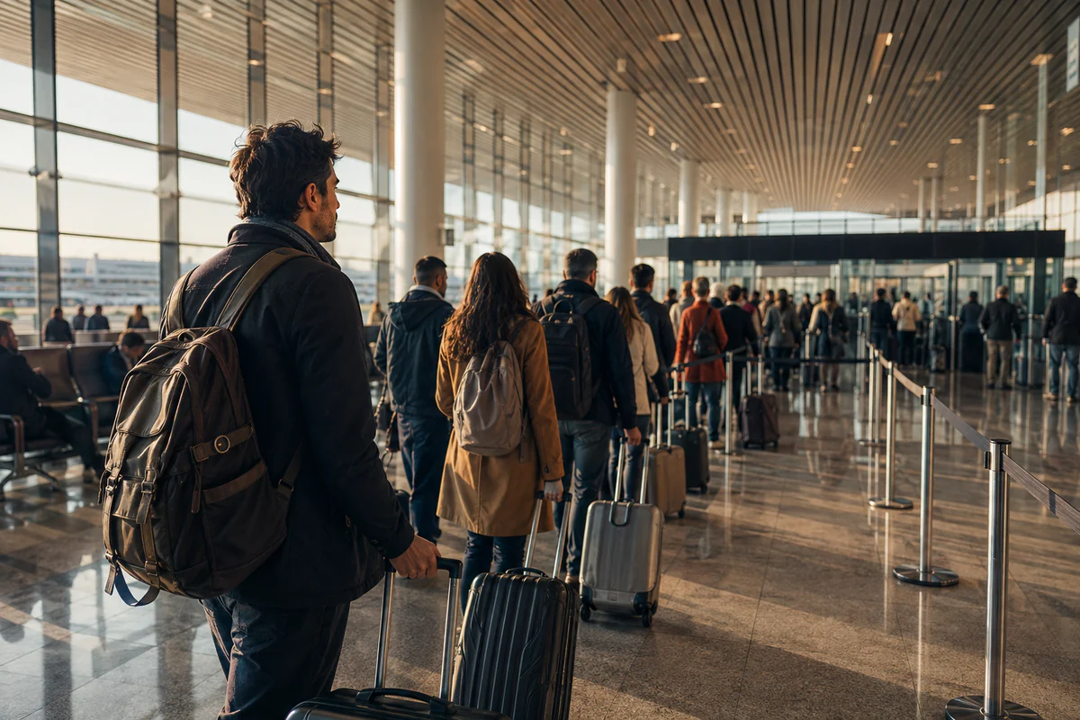 A returning traveller approaching a European airport border checkpoint during the planned ETIAS grace period.