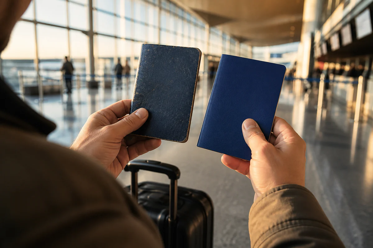 A traveller comparing an old passport with a newly issued passport before flying to Europe.