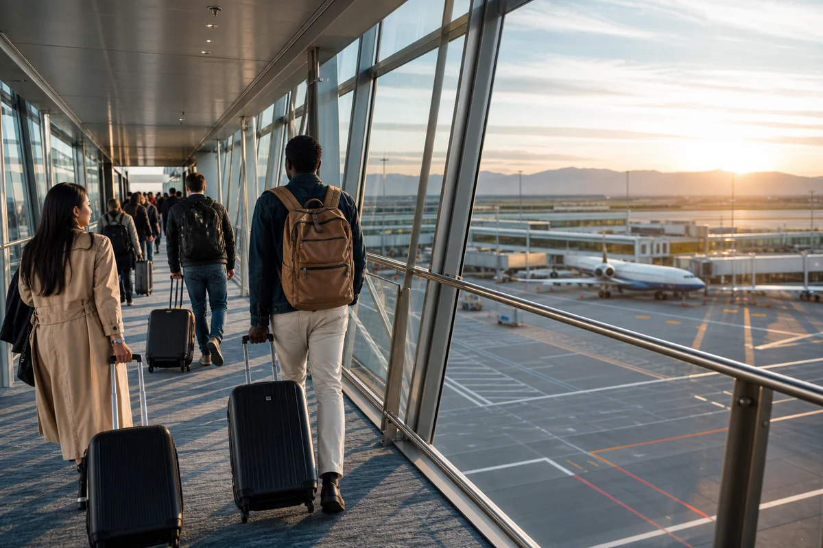 International travellers in a modern airport, illustrating EU Entry/Exit System and ETIAS: What Every Schengen Traveler Needs to Know in 2026.