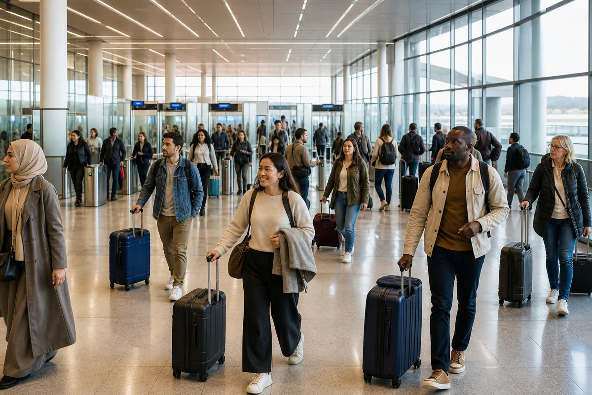 International travellers in a modern airport, illustrating The EU Entry/Exit System launches April 2026: what it tracks.