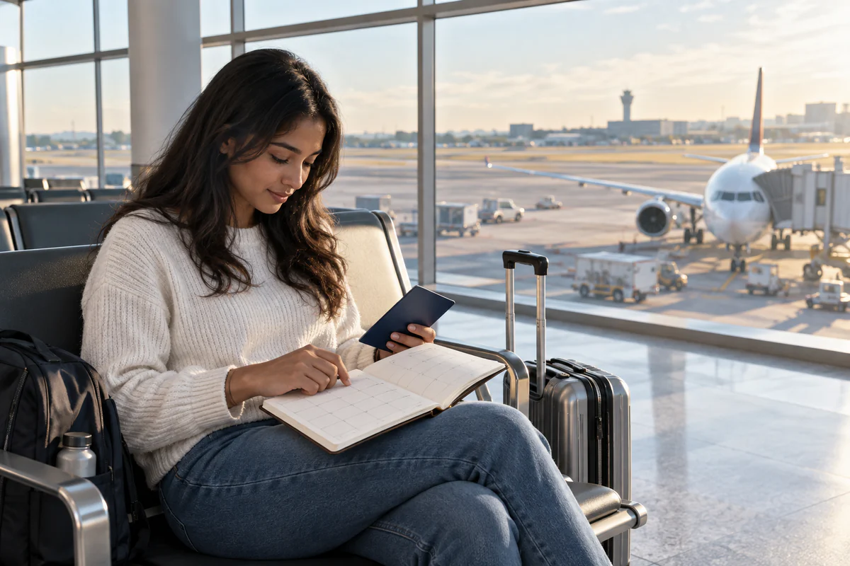 An international student reviewing travel dates in a quiet airport departure lounge.