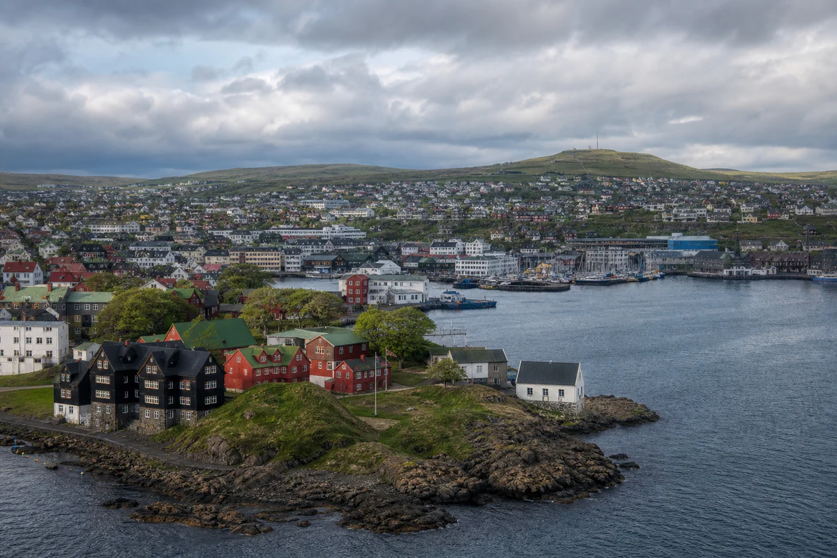 Elevated view of Torshavn and the Faroe Islands coastline