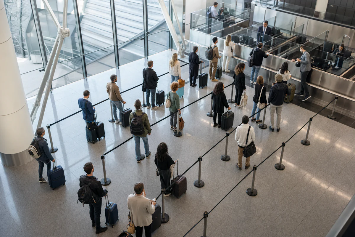 International travellers waiting with luggage in a spacious modern airport immigration queue.
