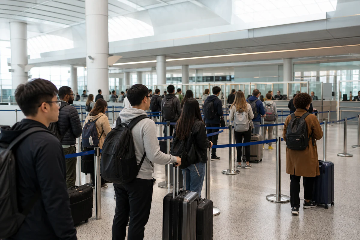 International students and travellers moving through a bright airport passport-control line with luggage.