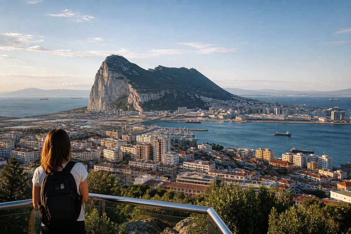 Elevated view of the Rock of Gibraltar and surrounding city