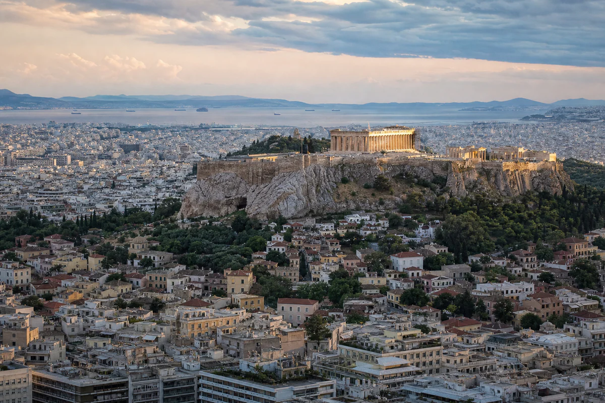 Aerial travel view of Greece, illustrating Greece 183-Day Tax Residency Rule: The Rolling 12-Month Test.