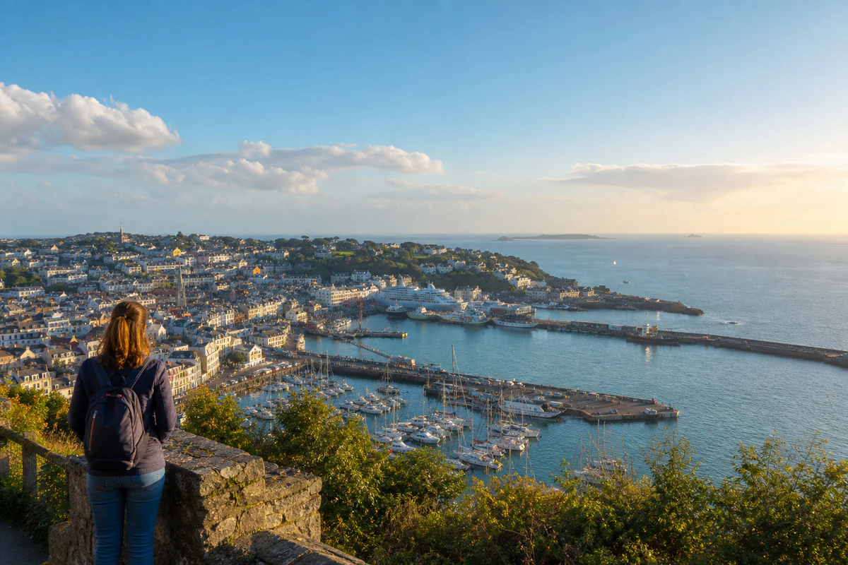 Elevated coastal view of St Peter Port in Guernsey