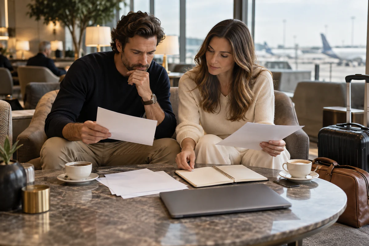 Traveller reviewing documents before a tax-residence check