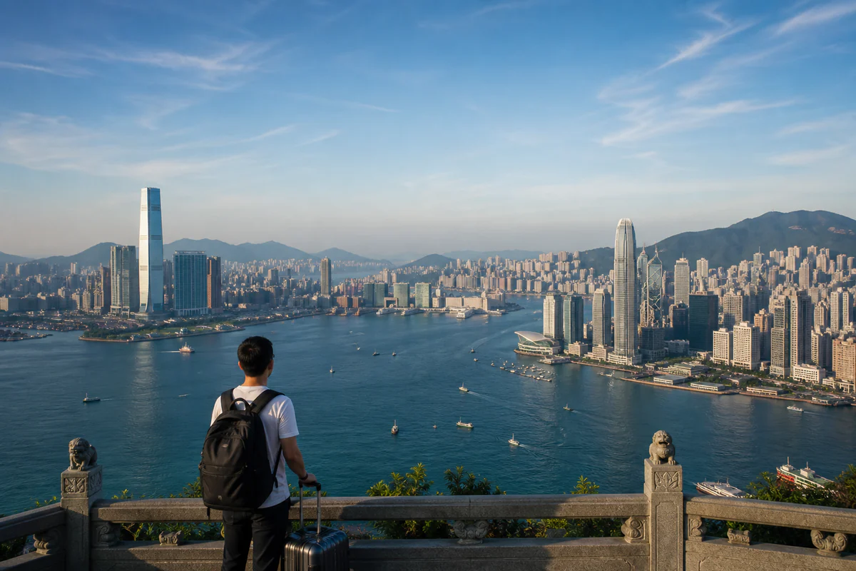 Elevated skyline view of Hong Kong harbour
