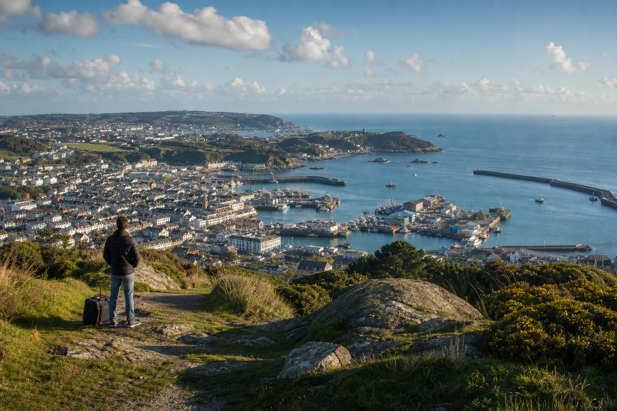 Elevated coastal view of St Helier and Jersey