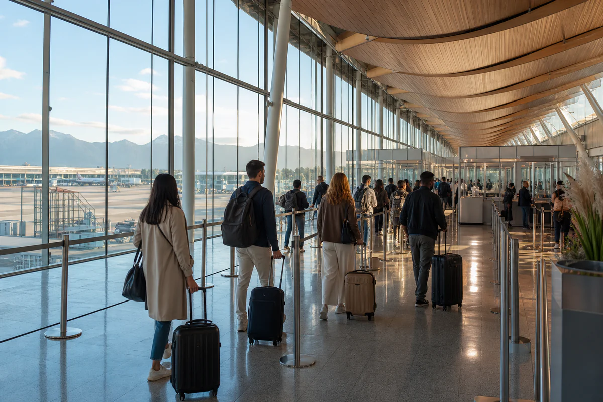 International travellers in a modern airport, illustrating Jetseen vs Flamingo vs Domicile365: which residency tracker is right for you?.