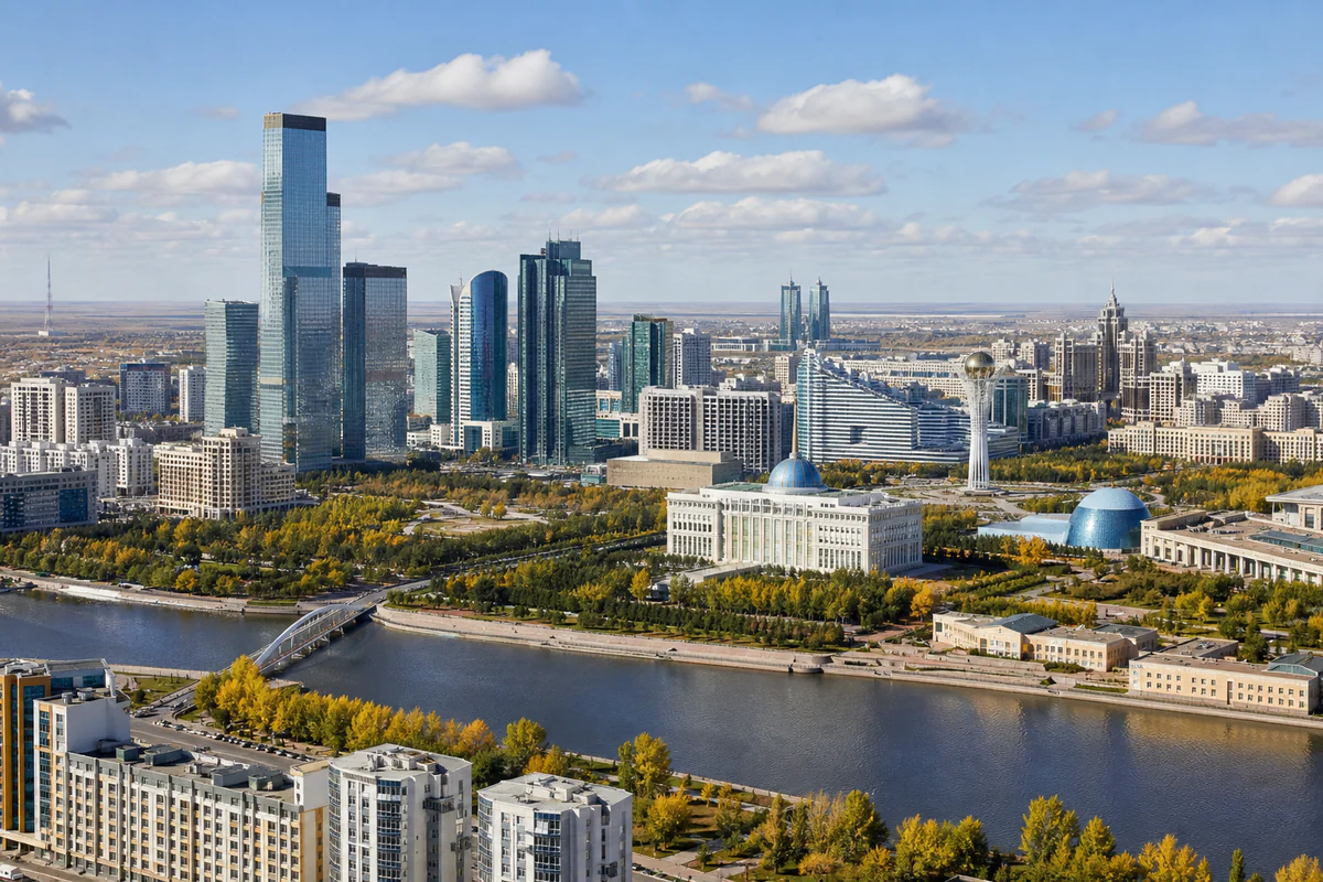 Elevated view of Astana with modern towers and the Ishim River