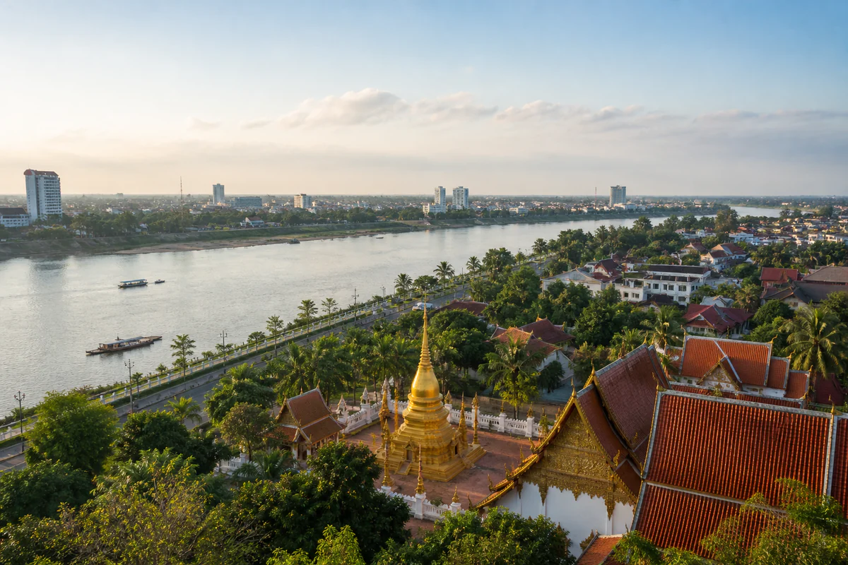 Elevated view of Vientiane and the Mekong River