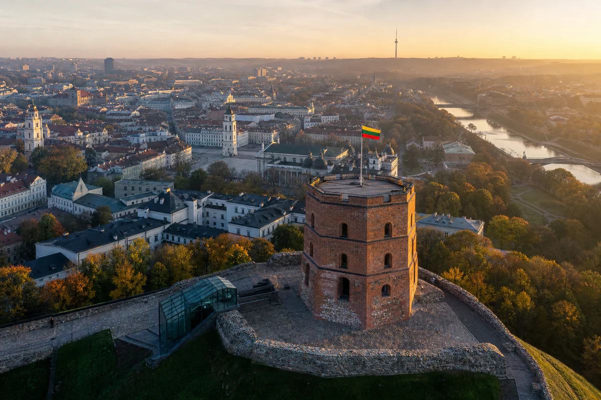Aerial travel view of Lithuania, illustrating Lithuania Tax Residence: The 183-Day and 280/90-Day Rules.