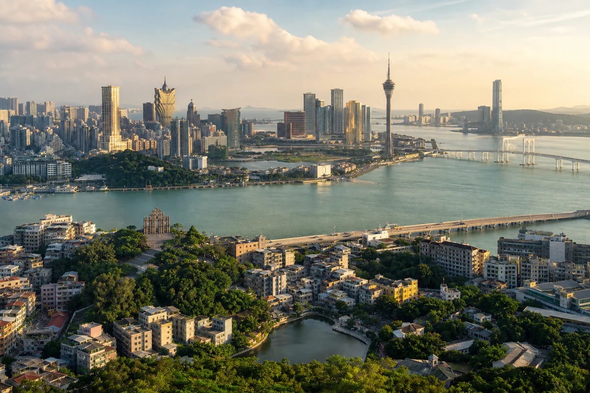 Elevated view of Macao's skyline and waterfront
