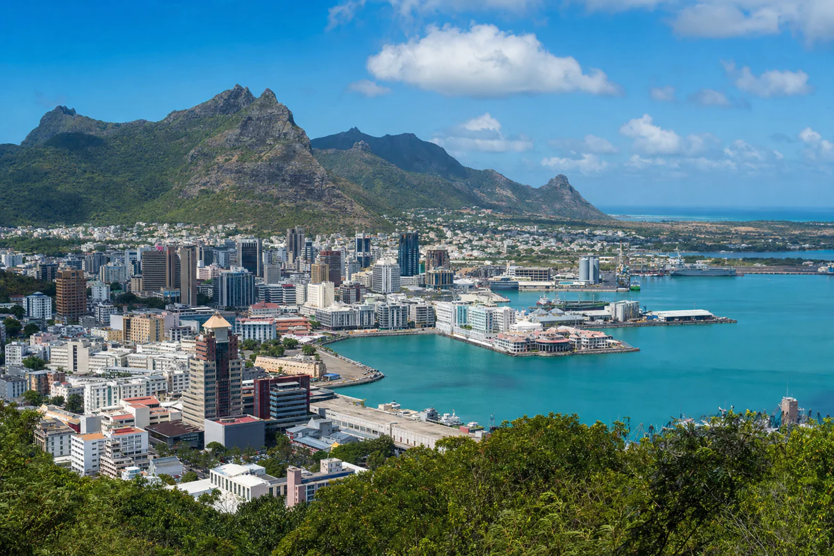 Elevated coastline and city view in Mauritius