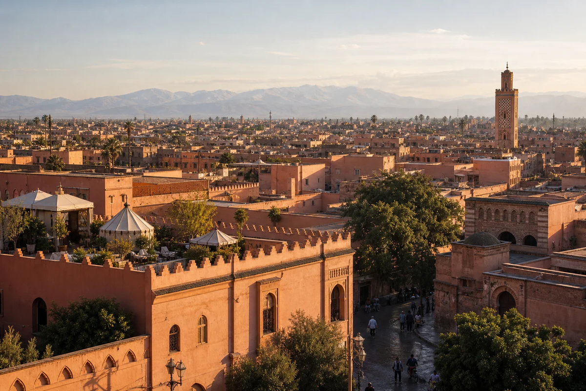 Elevated view of Marrakech, Morocco with the Atlas Mountains in the distance