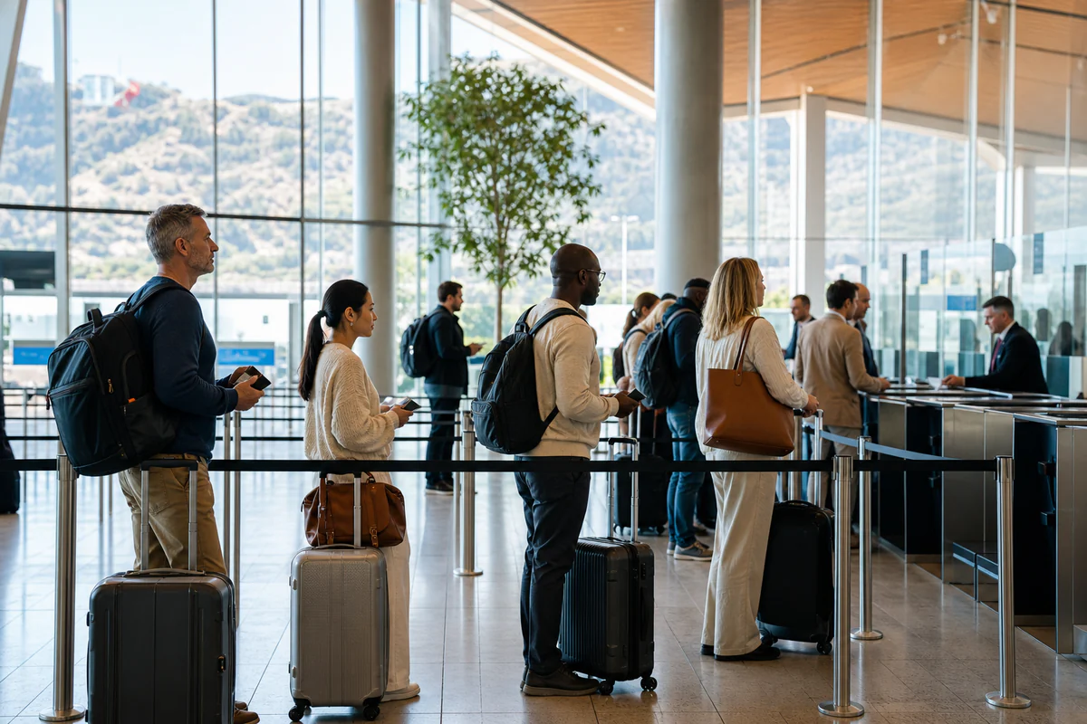 International travellers in a modern airport, illustrating Multi-Country Tax Residency for FIRE Retirees: Spain, UAE, Portugal, and Thailand.