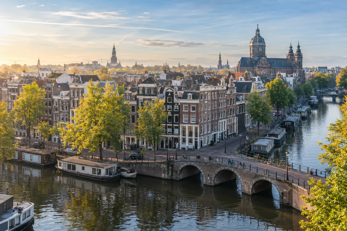 Amsterdam canal houses viewed from above for a Netherlands digital nomad day-tracking guide