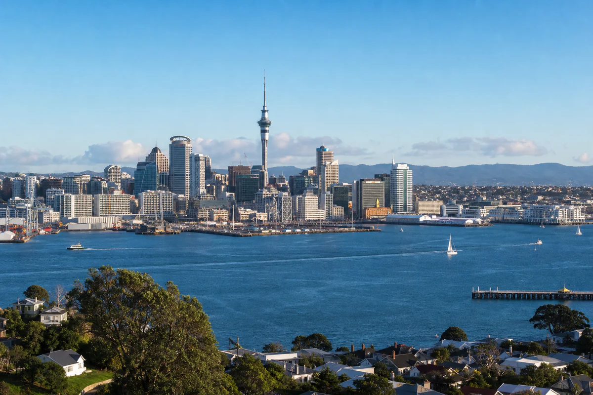 Elevated view of Auckland skyline and harbour in New Zealand
