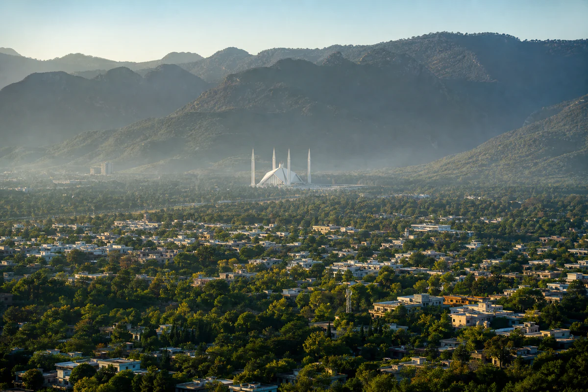 Elevated view of Islamabad with the Faisal Mosque and surrounding hills